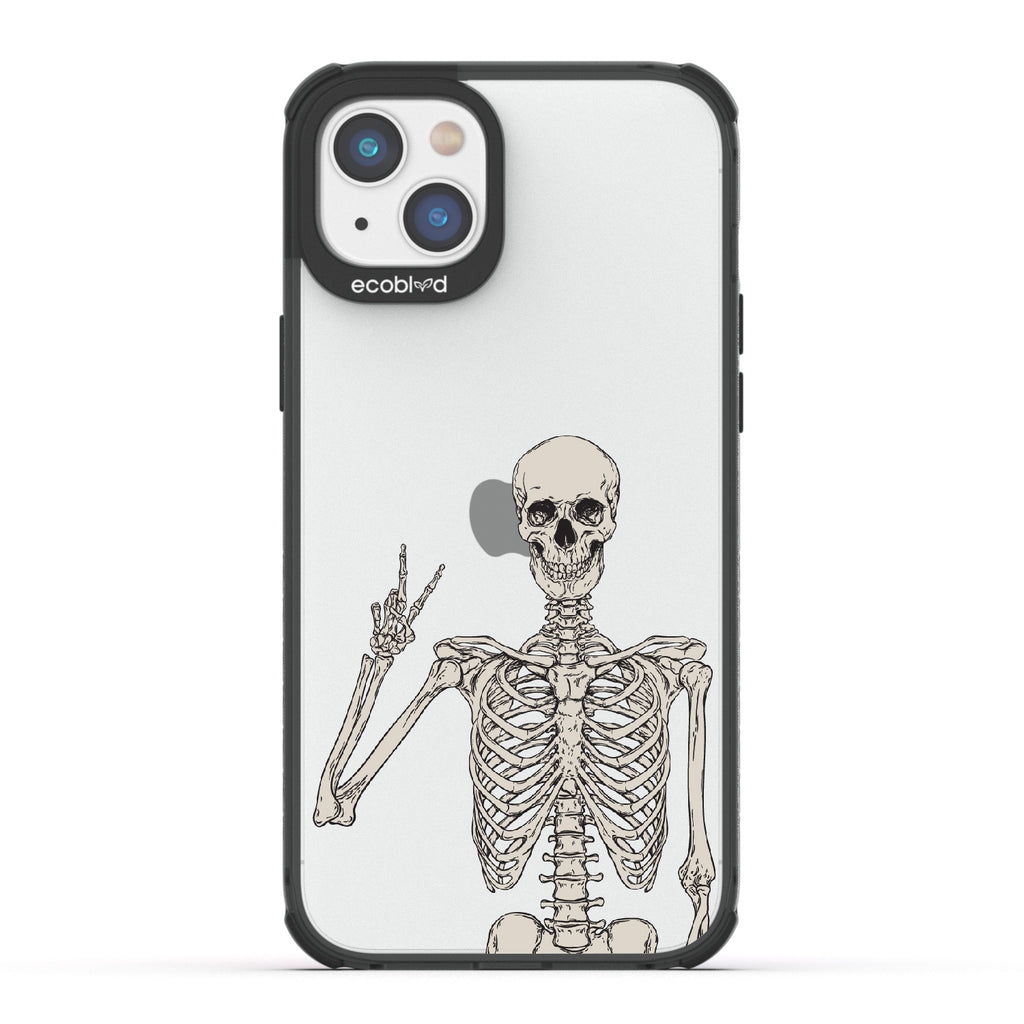 Creepin' It Real - Black Eco-Friendly iPhone 14 Plus Case With Skeleton Giving A Peace Sign On A Clear Back