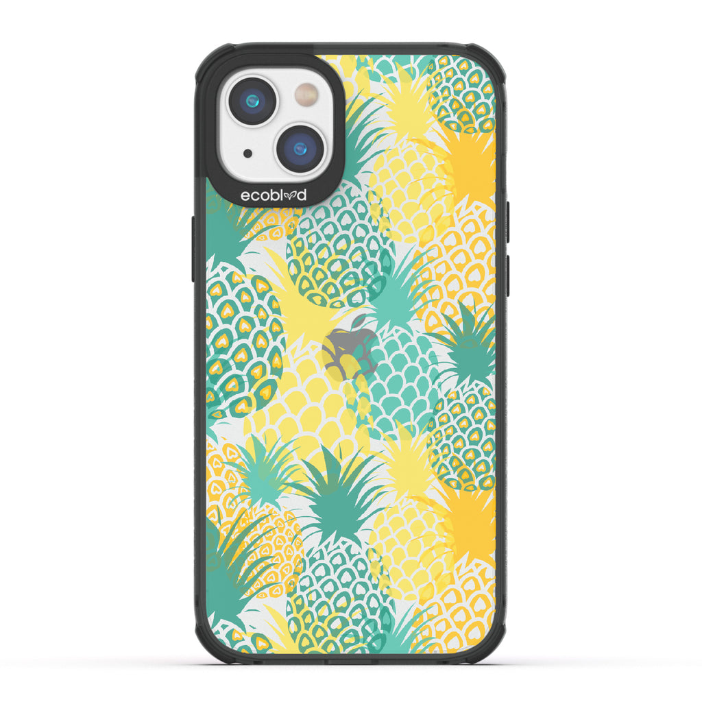 Pineapple Breeze - Black Eco-Friendly iPhone 14 Case With Tropical Colored Pineapples On A Clear Back