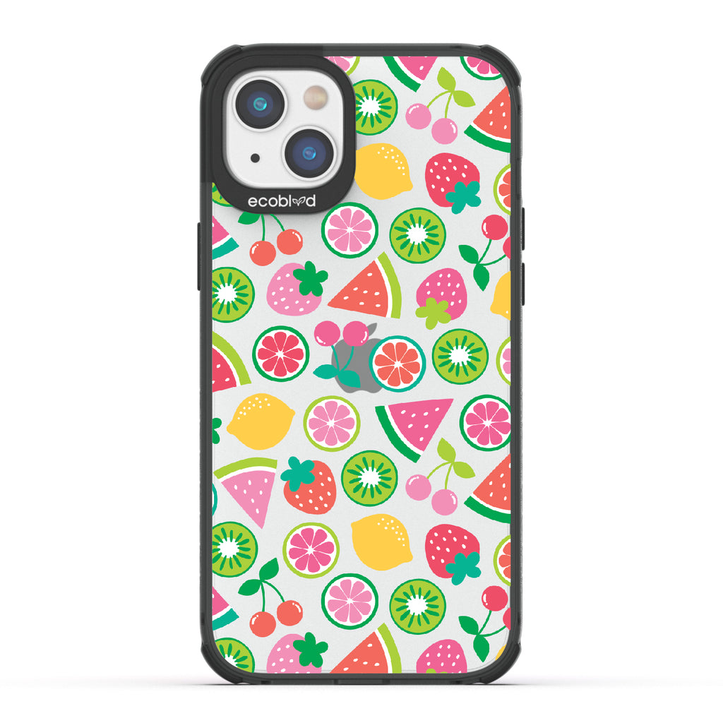 Juicy Fruit - Black Eco-Friendly iPhone 14 Case With Various Colorful Summer Fruits On A Clear Back