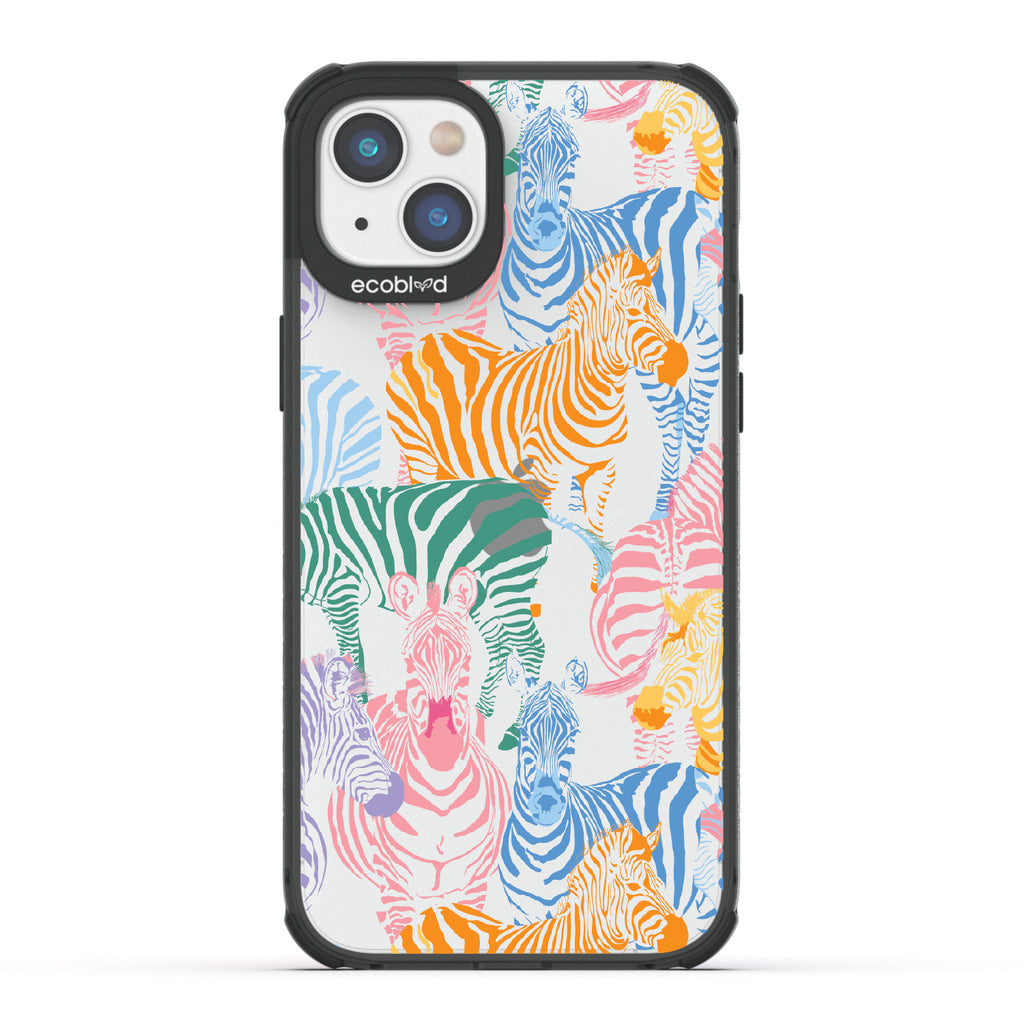 Colorful Herd - Black Eco-Friendly iPhone 14 Plus Case With Zebras in Multiple Colors On A Clear Back