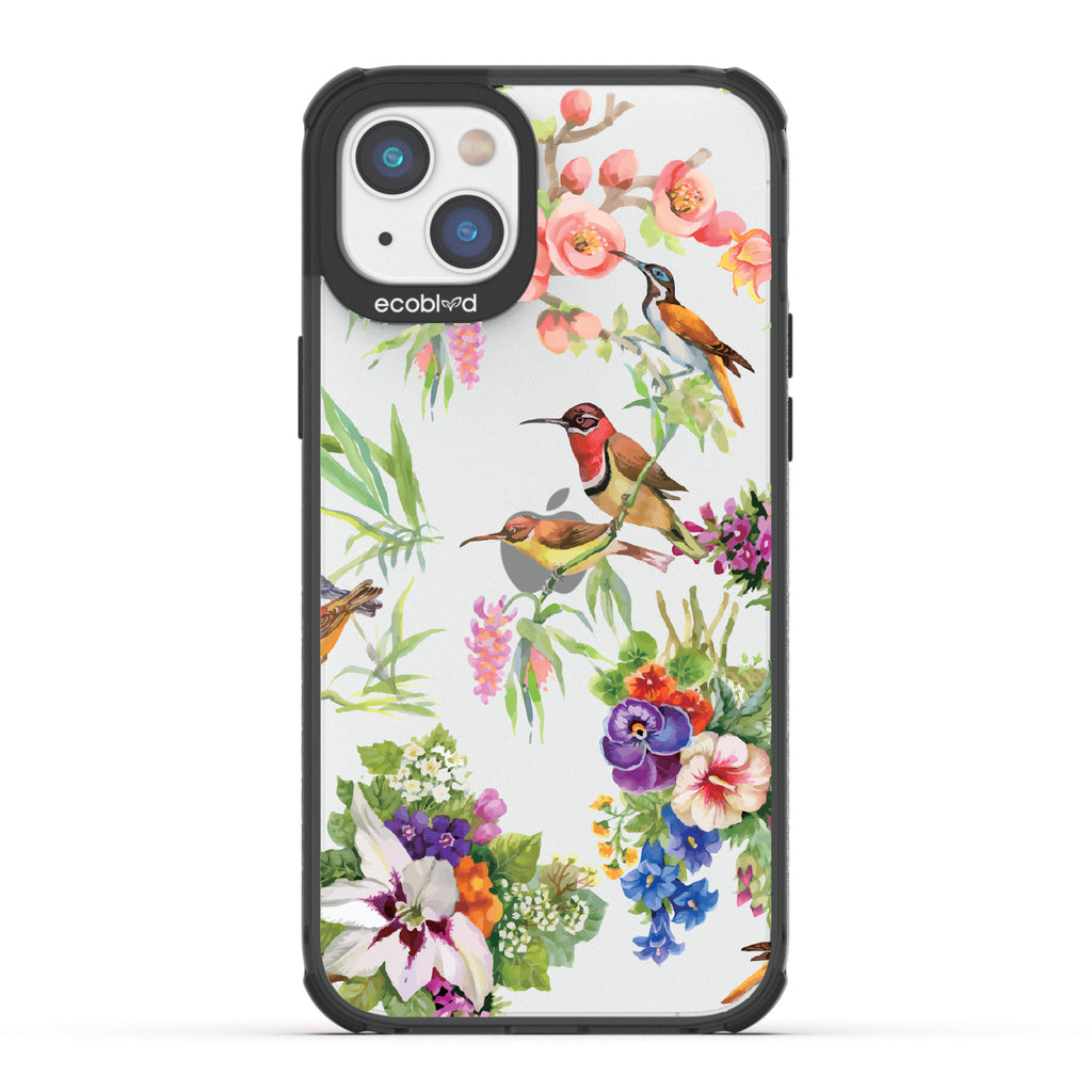 Sweet Nectar - Black Eco-Friendly iPhone 14 Plus Case With Humming Birds, Colorful Garden Flowers On A Clear Back