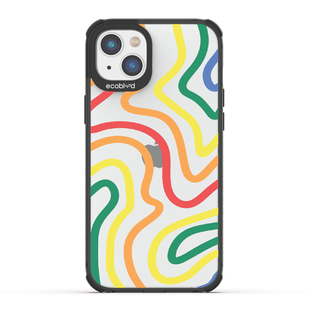 True Colors - Black Eco-Friendly iPhone 14 Case With Abstract Lines In Different Colors Of The Rainbow On A Clear Back