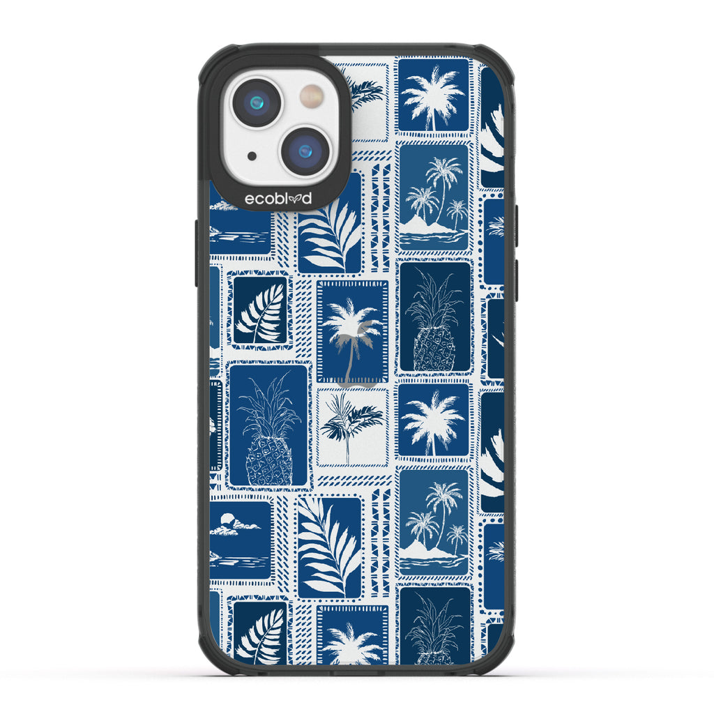 Oasis - Black Eco-Friendly iPhone 14 Plus Case With Tropical Shirt Palm Trees & Pineapple Print On A Clear Back