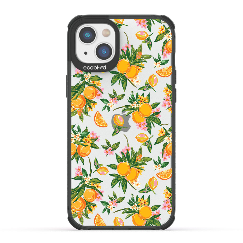 Orange Bliss - Black Eco-Friendly iPhone 14 Case With Oranges, Orange Slices and Leaves On A Clear Back