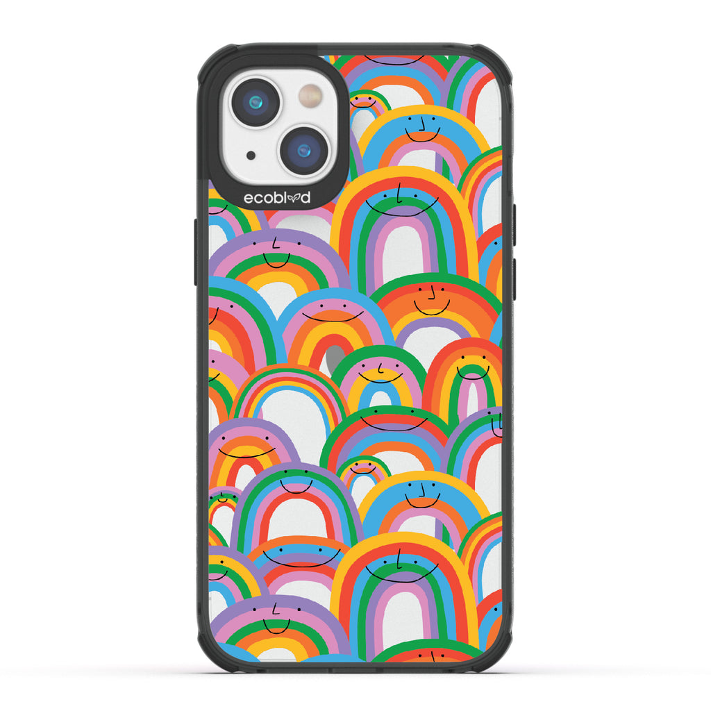 Prideful Smiles - Black Eco-Friendly iPhone 14 Case With Rainbows That Have Smiley Faces On A Clear Back