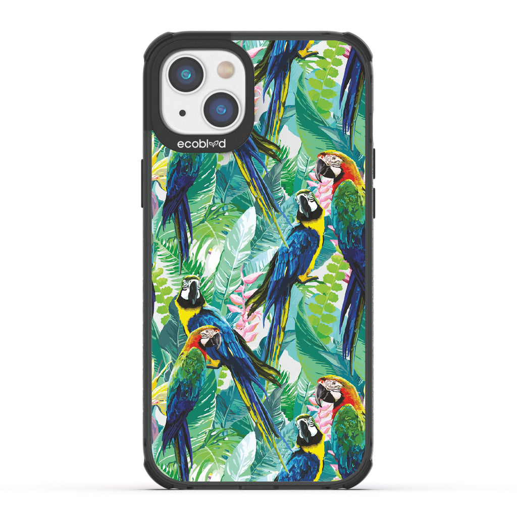 Macaw Medley - Black Eco-Friendly iPhone 14 Case With Macaws & Tropical Leaves On A Clear Back