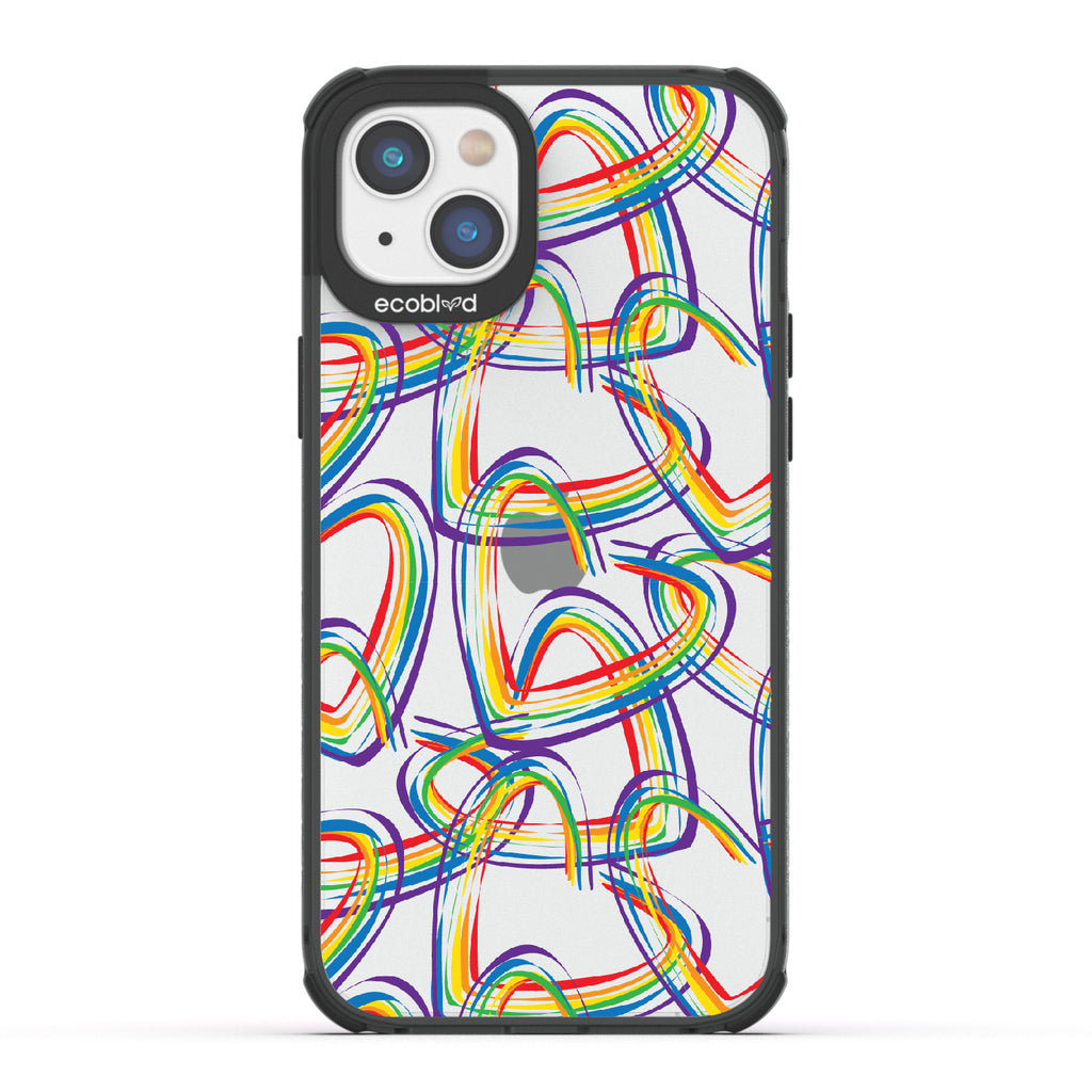  One Love - Black Eco-Friendly iPhone 14 Plus Case With Brush Stroke Rainbow Hearts On A Clear Back