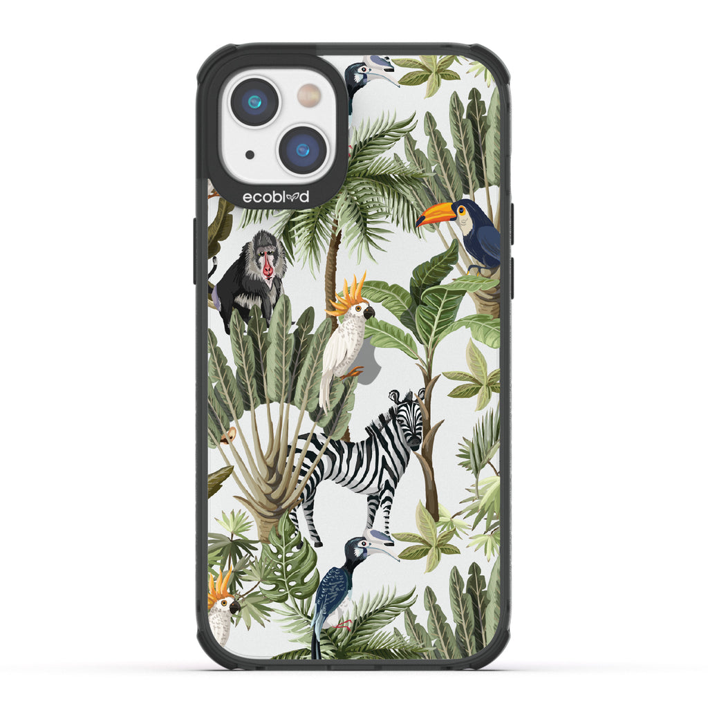 Toucan Play That Game - Black Eco-Friendly iPhone 14 Case With Jungle Fauna, Toucan, Zebra & More On A Clear Back