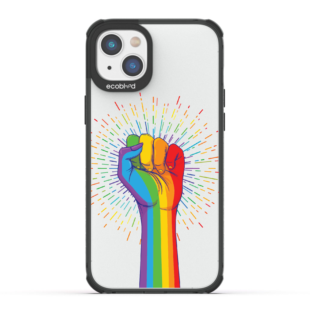 Rise With Pride - Black Eco-Friendly iPhone 14 Case With Raised Fist In Rainbow Colors On A Clear Back