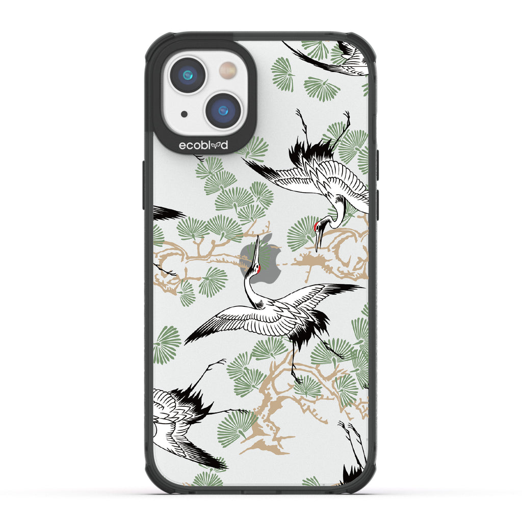 Graceful Crane - Black Eco-Friendly iPhone 14 Case With Japanese Cranes Atop Branches On A Clear Back