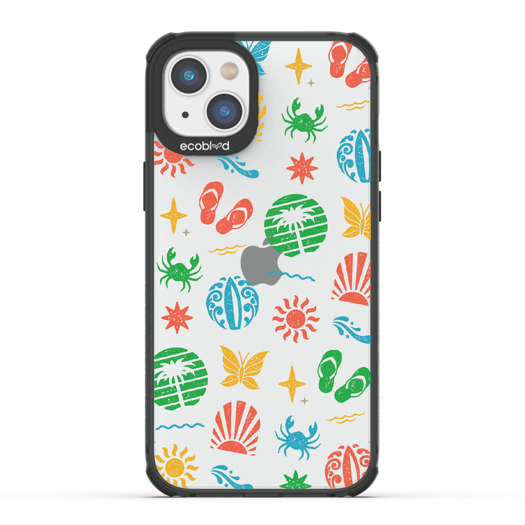Island Time - Black Eco-Friendly iPhone 14 Plus Case With Surfboard Art Of Crabs, Sandals, Waves & More On A Clear Back