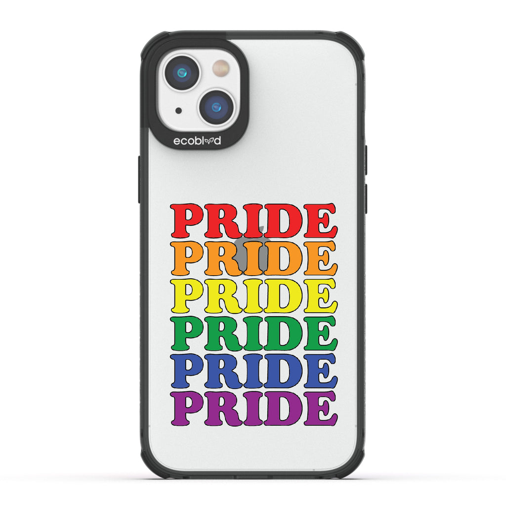 Pride Camp - Black Eco-Friendly iPhone 14 Case With Pride Stacked In Multiple Rainbow Colors On A Clear Back
