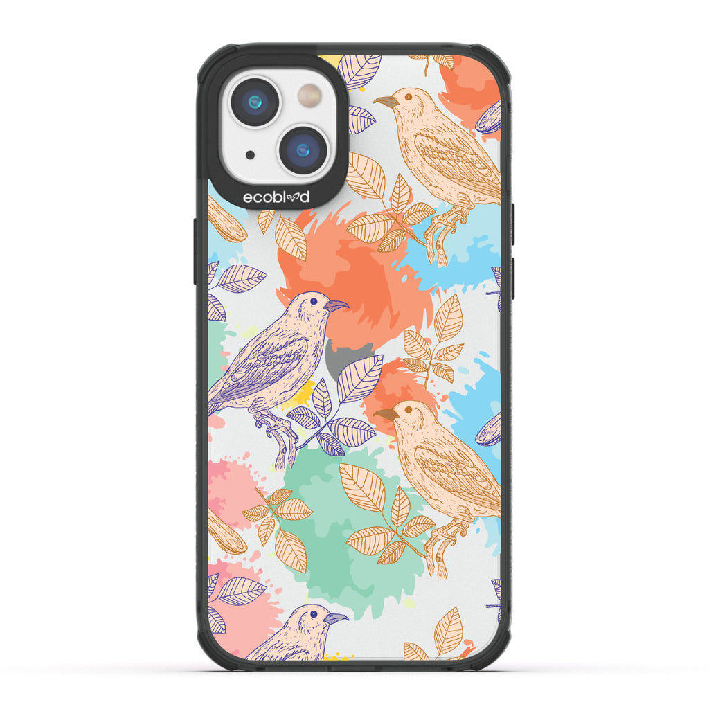 Perch Perfect - Black Eco-Friendly iPhone 14 Case With Birds On Branches & Splashes Of Color On A Clear Back