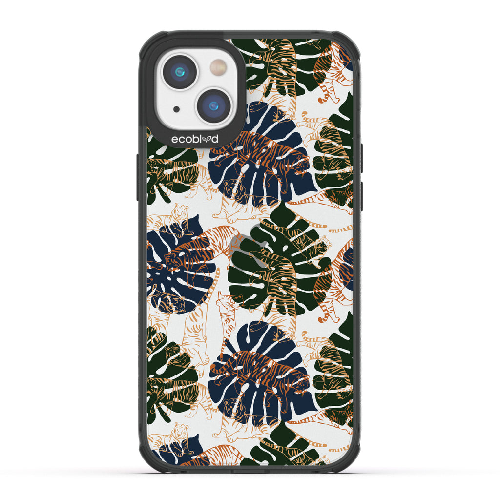 Tropic Roar - Black Eco-Friendly iPhone 14 Case With Jungle Leaves & Orange / Yellow Tiger Outlines On A Clear Back