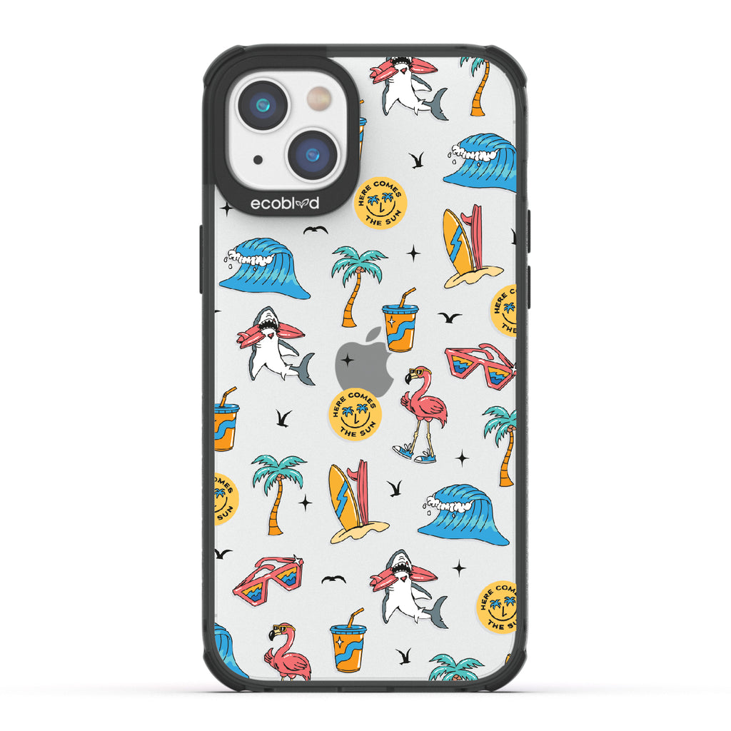 Here Comes The Sun - Black Eco-Friendly iPhone 14 Case: Sunglasses, Surfboard, Waves & Beach Theme On A Clear Back