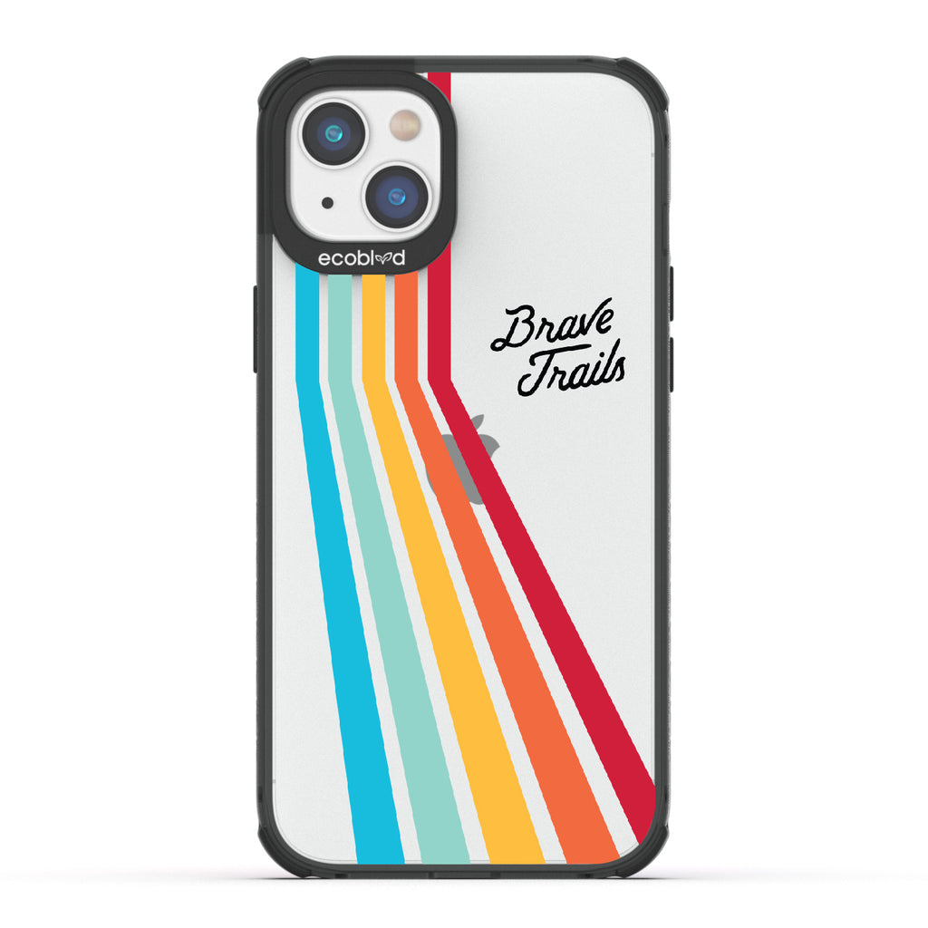 Trailblazer X Brave Trails - Black Eco-Friendly iPhone 14 Plus Case with Trails  In A Vibrant Spectrum Of Rainbow Colors On A Clear Back