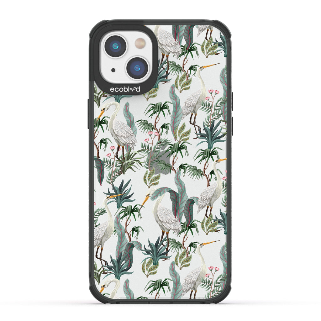  Flock Together - Black Eco-Friendly iPhone 14 Case With Herons & Peonies On A Clear Back