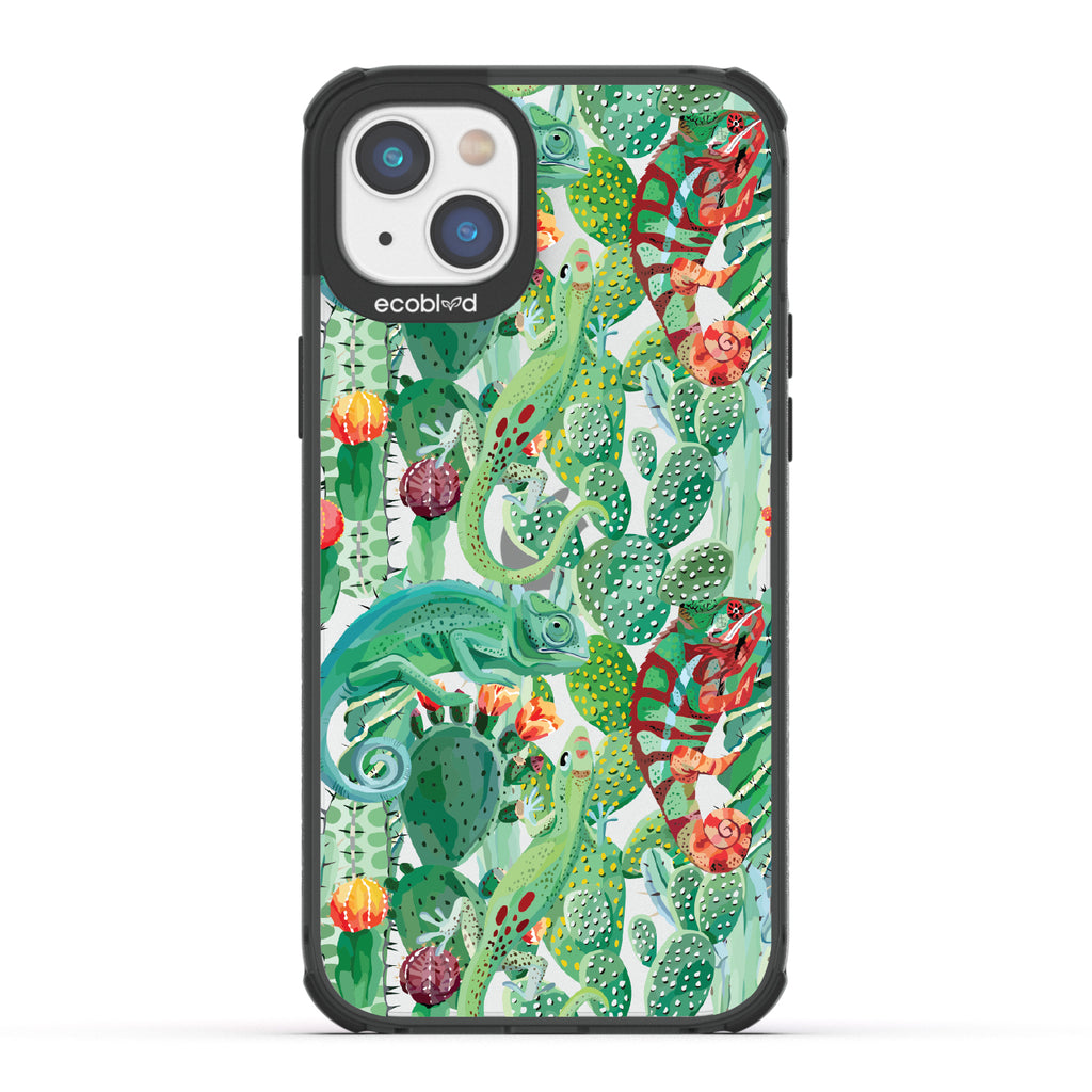 In Plain Sight - Black Eco-Friendly iPhone 14 Case With Chameleons On Cacti On A Clear Back