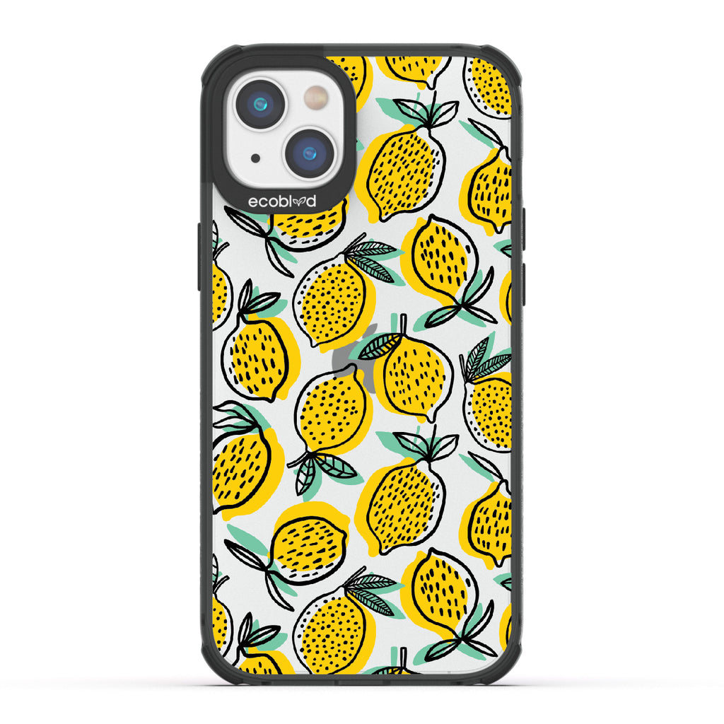 Lemon Drop - Black Eco-Friendly iPhone 14 Plus Case With Retro Lemon Print On A Clear Back