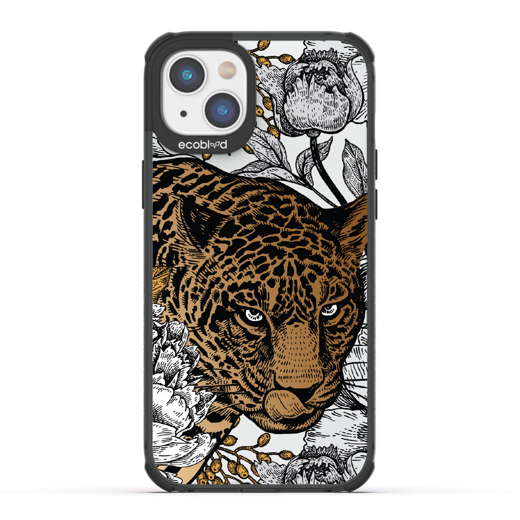 Purrfectly Striking - Black Eco-Friendly iPhone 14 Case With Leopard, Black/Grey Flowers On A Clear Back