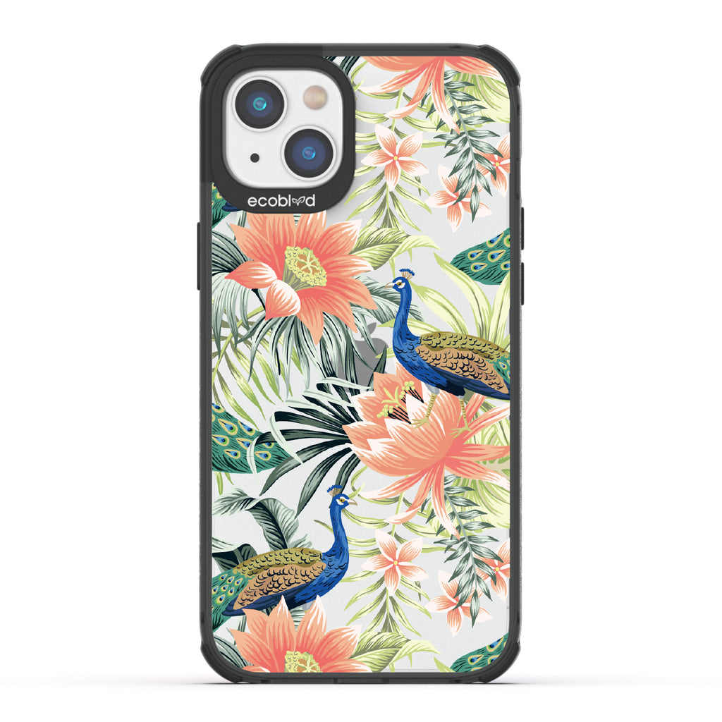 Peacock Palace - Black Eco-Friendly iPhone 14 Plus Case With Peacocks + Colorful Tropical Fauna On A Clear Back