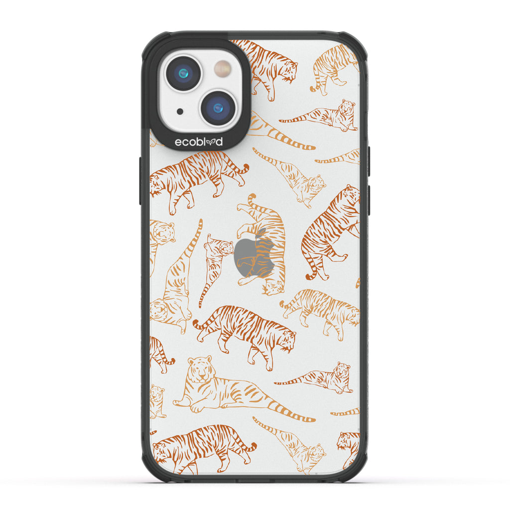 Tiger Pride - Black Eco-Friendly iPhone 14 Case With Orange / Yellow Tiger Outlines On A Clear Back