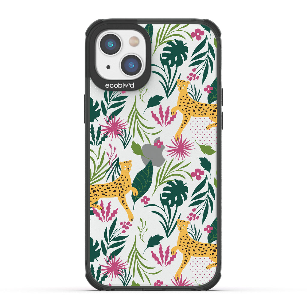 Jungle Boogie - Black Eco-Friendly iPhone 14 Plus Case With Cheetahs Among Lush Colorful Jungle Foliage On A Clear Back