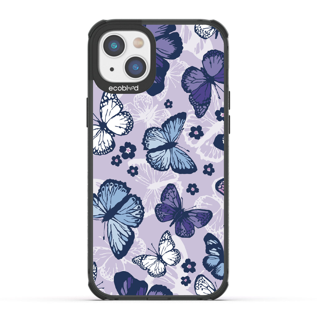 Deja Vu - Black Eco-Friendly iPhone 14 Plus Case With Blue, White, Purple Butterflies & Flowers On A Purple / Clear Back