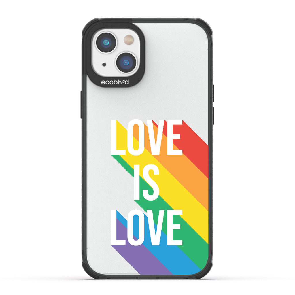 Spectrum Of Love - Black Eco-Friendly iPhone 14 Case With Love Is Love + Rainbow Gradient Shadow On A Clear Back