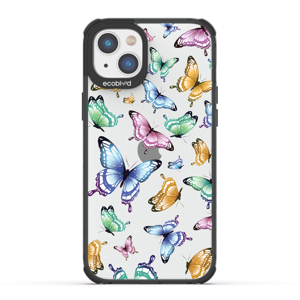 Social Butterfly - Black Eco-Friendly iPhone 14 Case With Colorful Butterflies On A Clear Back - Compostable