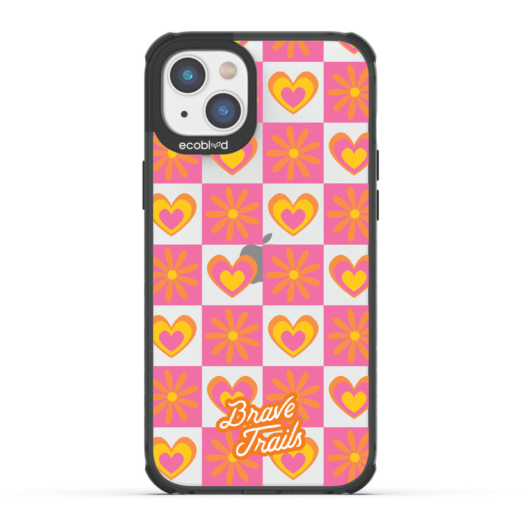 Free Spirit X Brave Trails - Black Eco-Friendly iPhone 14 Plus Case with Pink Checkered Hearts & Flowers On Clear Back