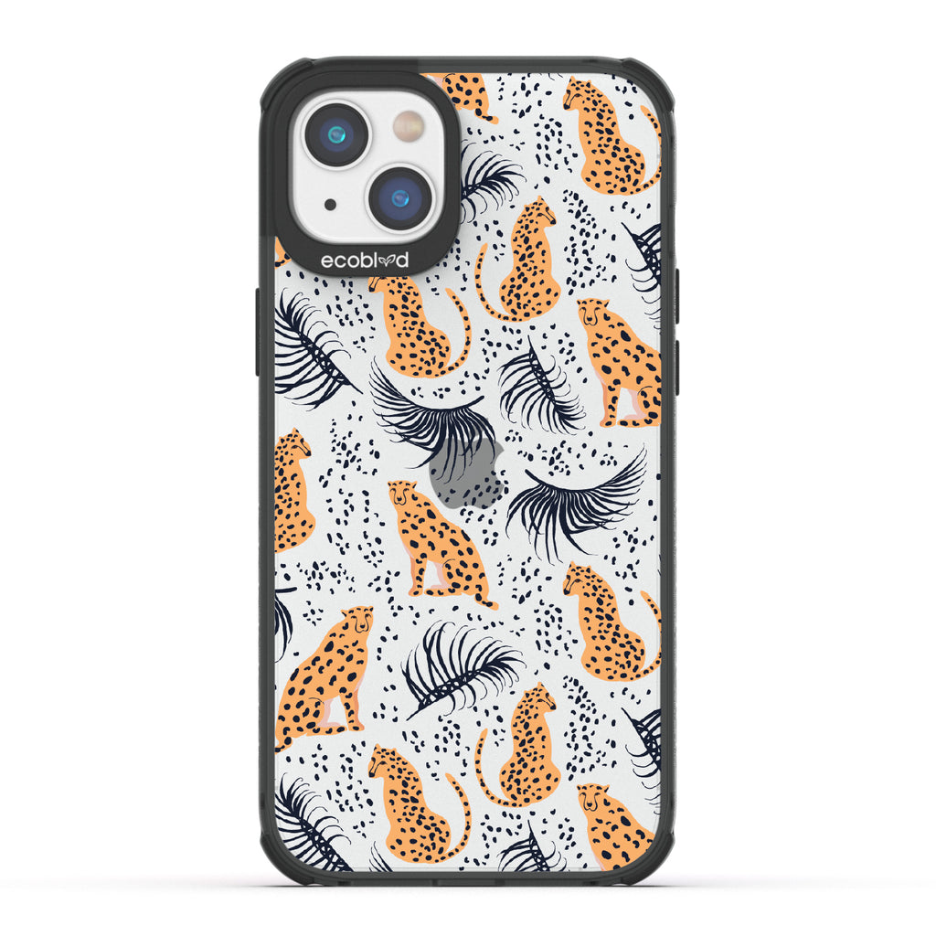 Feline Fierce - Black Eco-Friendly iPhone 14 Case With Minimalist Cheetahs With Spots and Reeds On A Clear Back