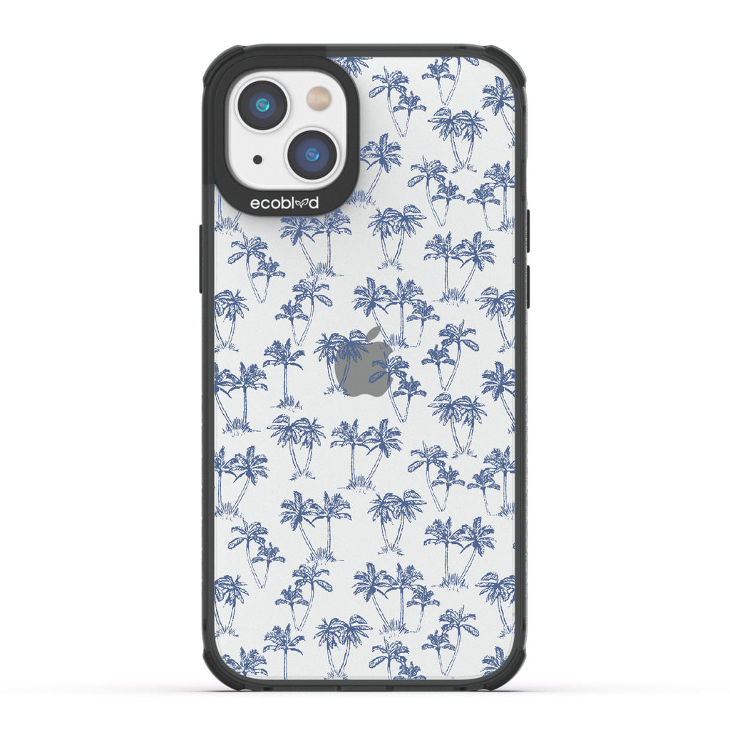 Endless Summer - Black Eco-Friendly iPhone 14 Plus Case With 50's-Style Blue Palm Trees Print On A Clear Back
