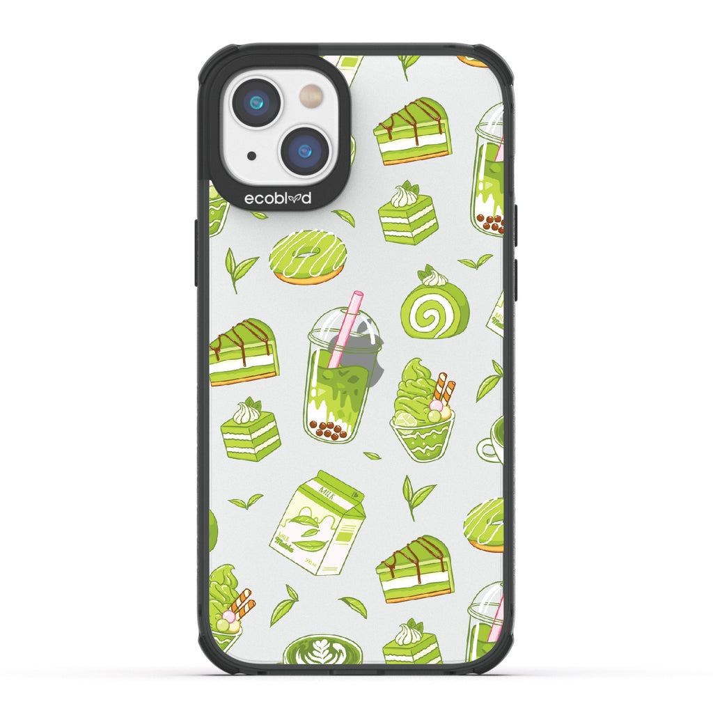 iPhone 14 Plus case, clear eco-friendly phone case with black ridges, back view, So Matcha More design