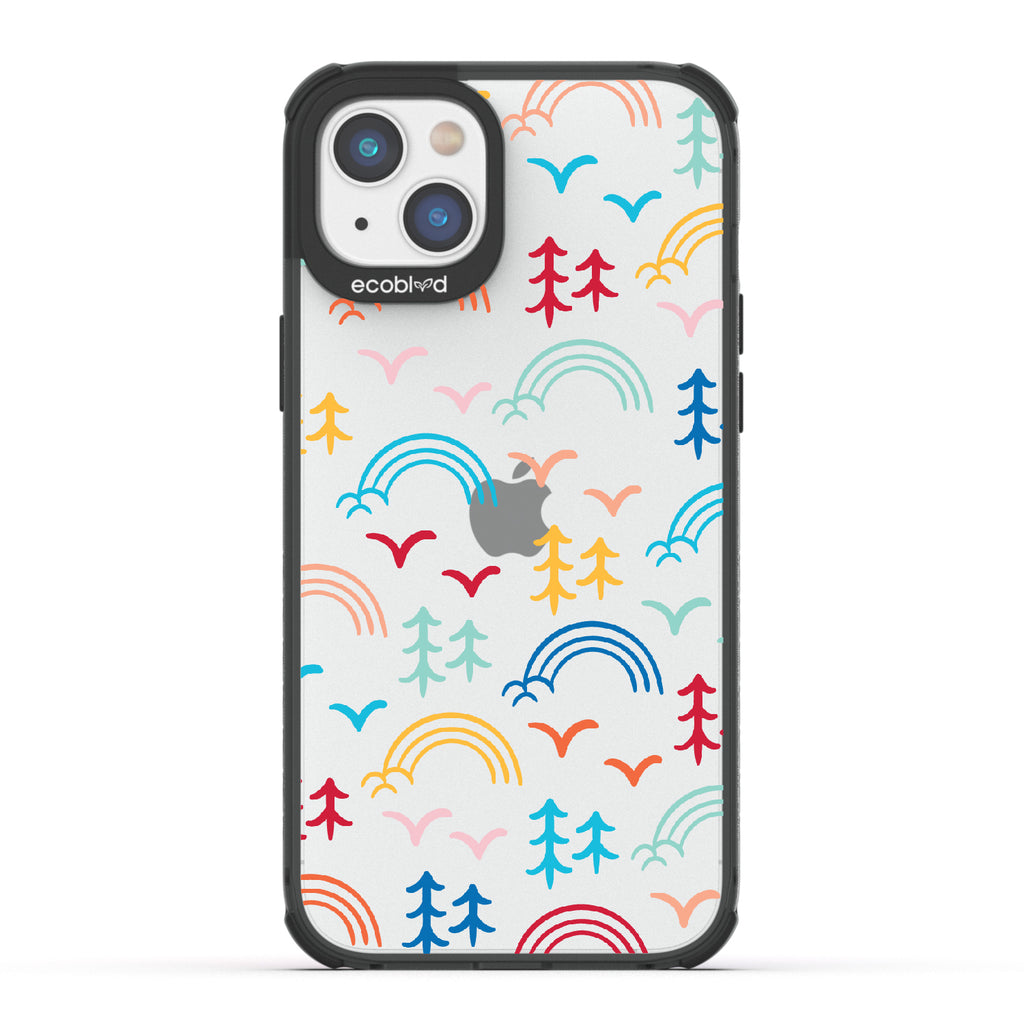  Happy Camper X Brave Trails - Black Eco-Friendly iPhone 14 Case with Minimalist Trees, Birds, Rainbows On A Clear Back