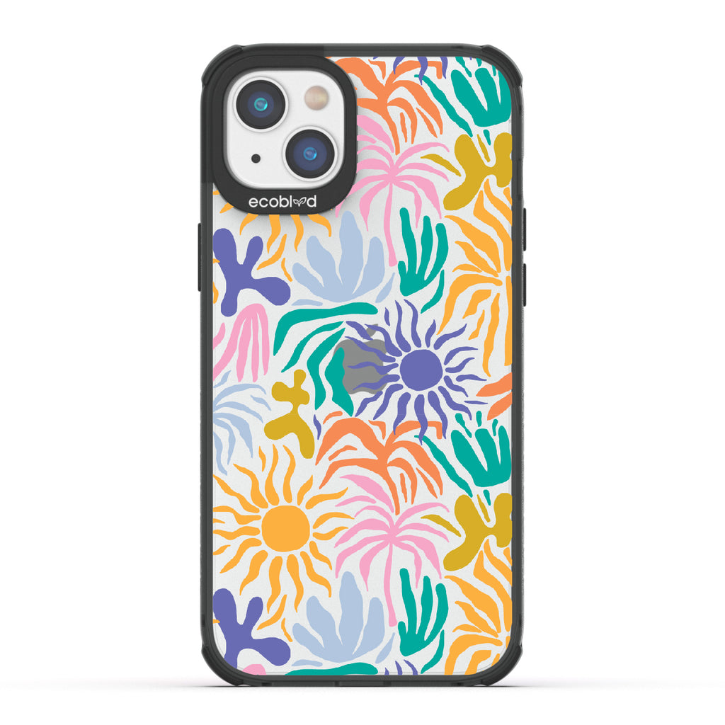 Sun-Kissed - Black Eco-Friendly iPhone 14 Case With Sunflower Print + The Sun As The Flower On A Clear Back