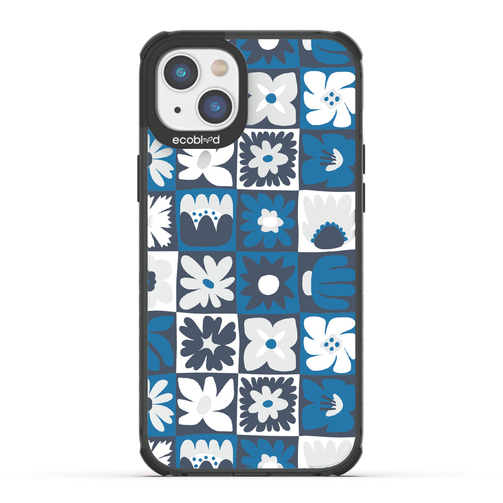 Paradise Blooms - Black Eco-Friendly iPhone 14 Case With Tropical Floral Checker Print On A Clear Back