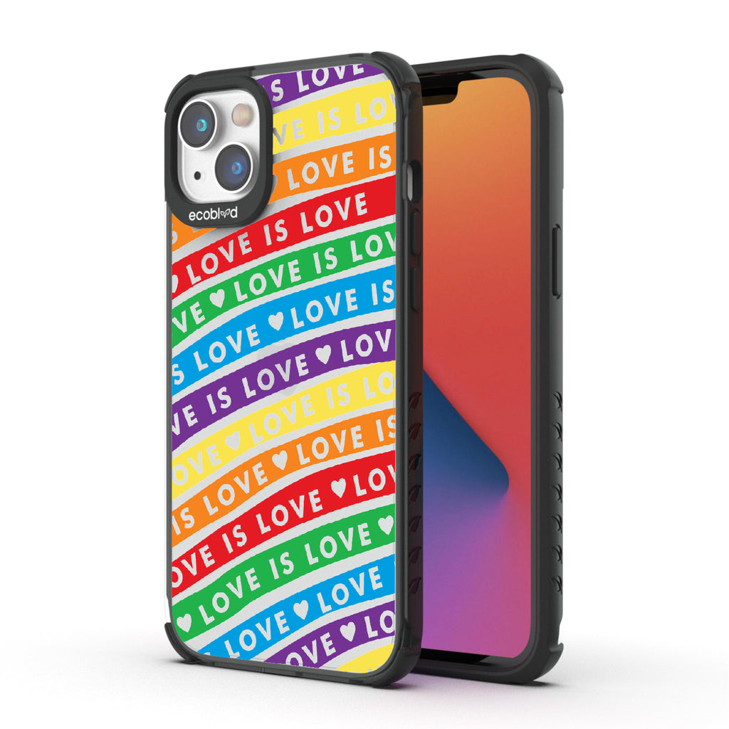 Love Unites All - Back View Of Black & Clear Eco-Friendly iPhone 14 Case & A Front View Of The Screen
