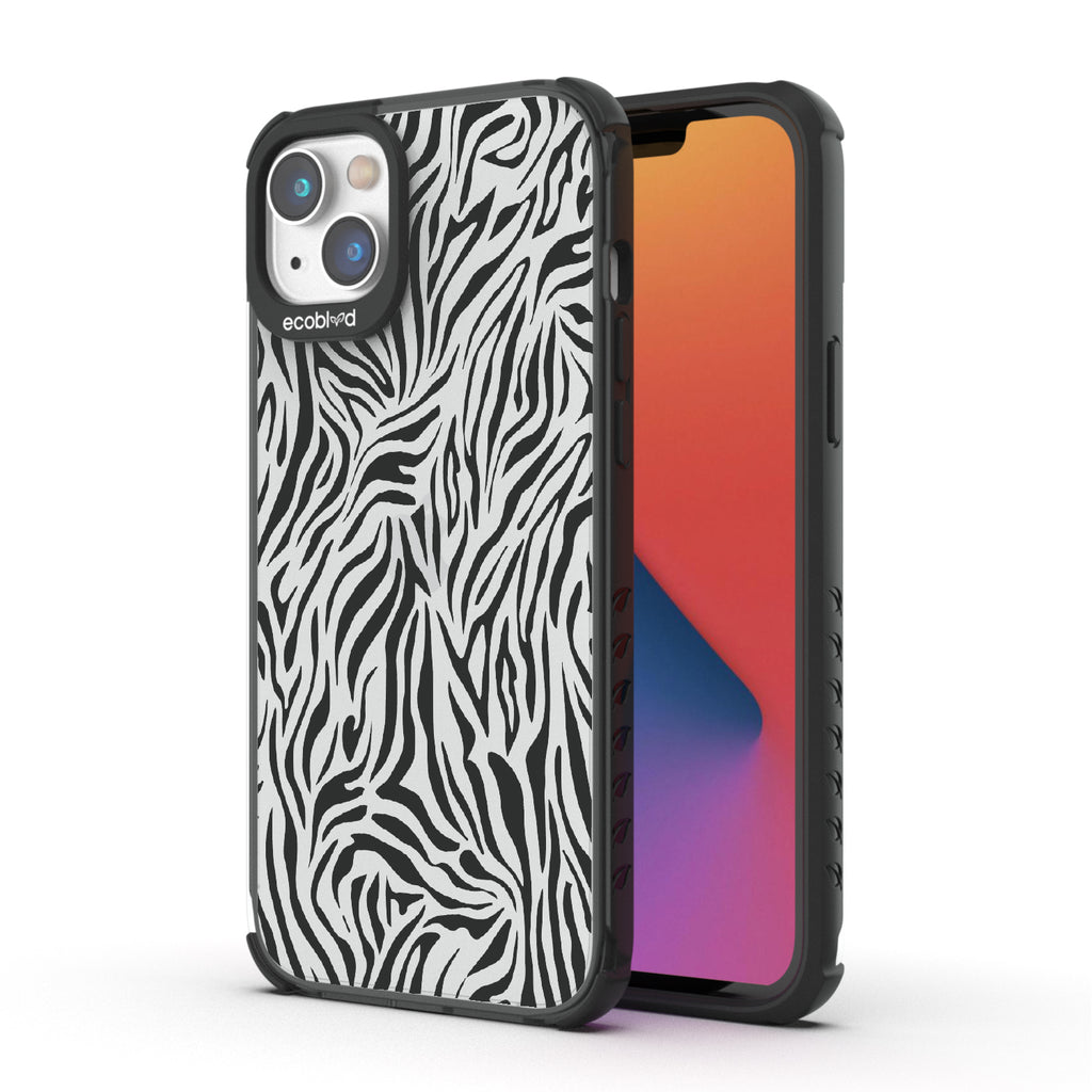 Zebra Print - Back View Of Black & Clear Eco-Friendly iPhone 14 Case & A Front View Of The Screen