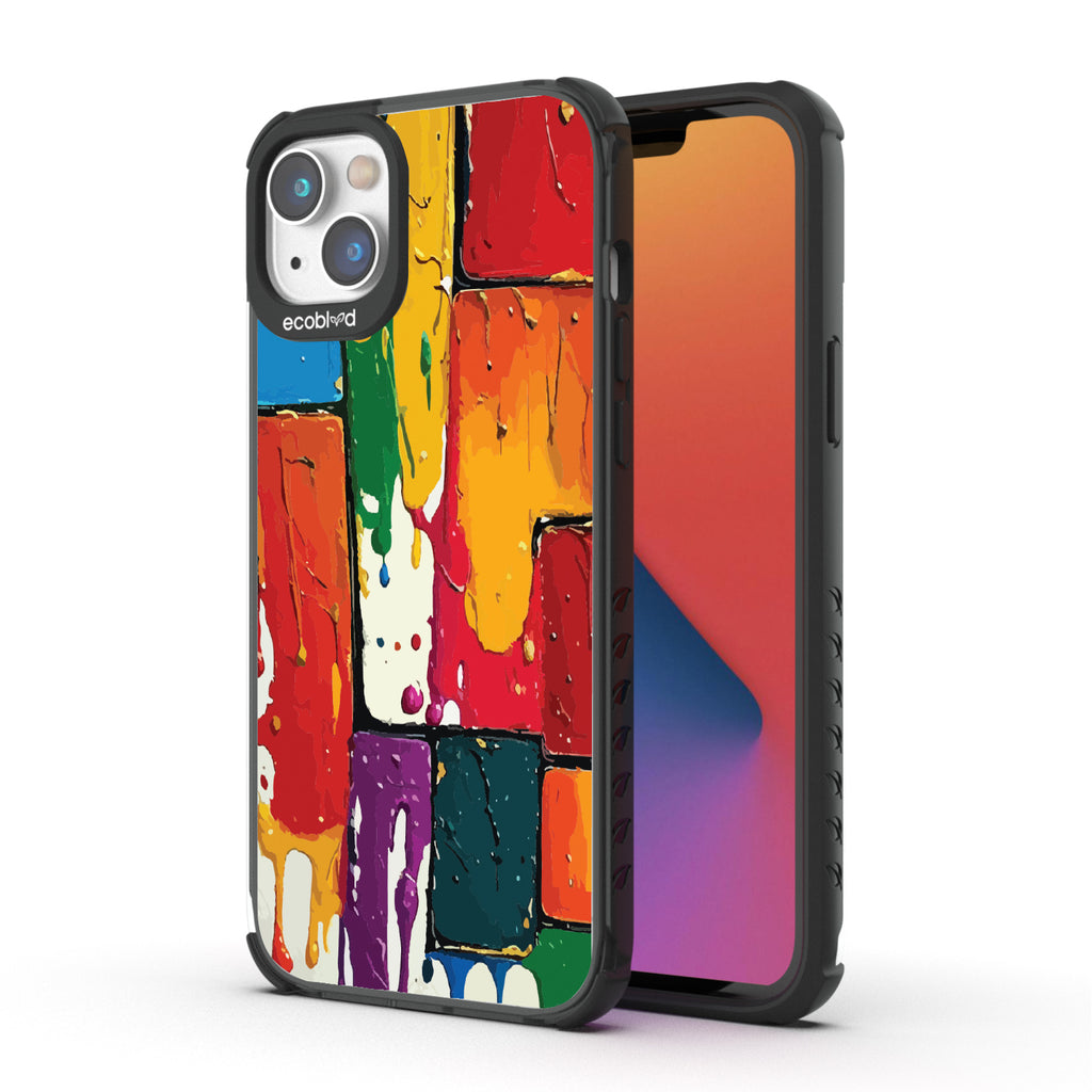 Front and back view of iPhone 14 Plus case, clear compostable phone case with black ridges, Color Me Mine design