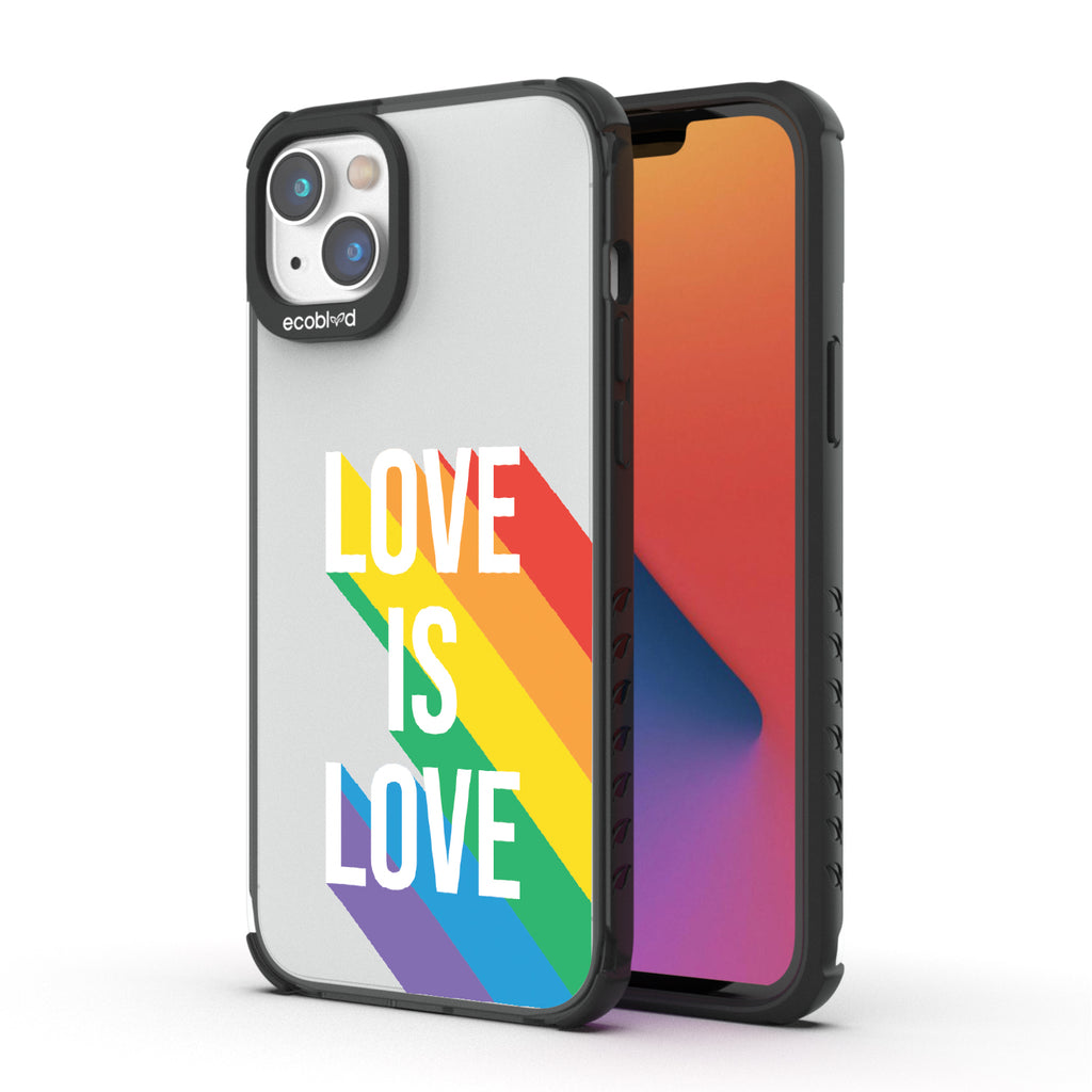 Spectrum Of Love - Back View Of Black & Clear Eco-Friendly iPhone 14 Case & A Front View Of The Screen