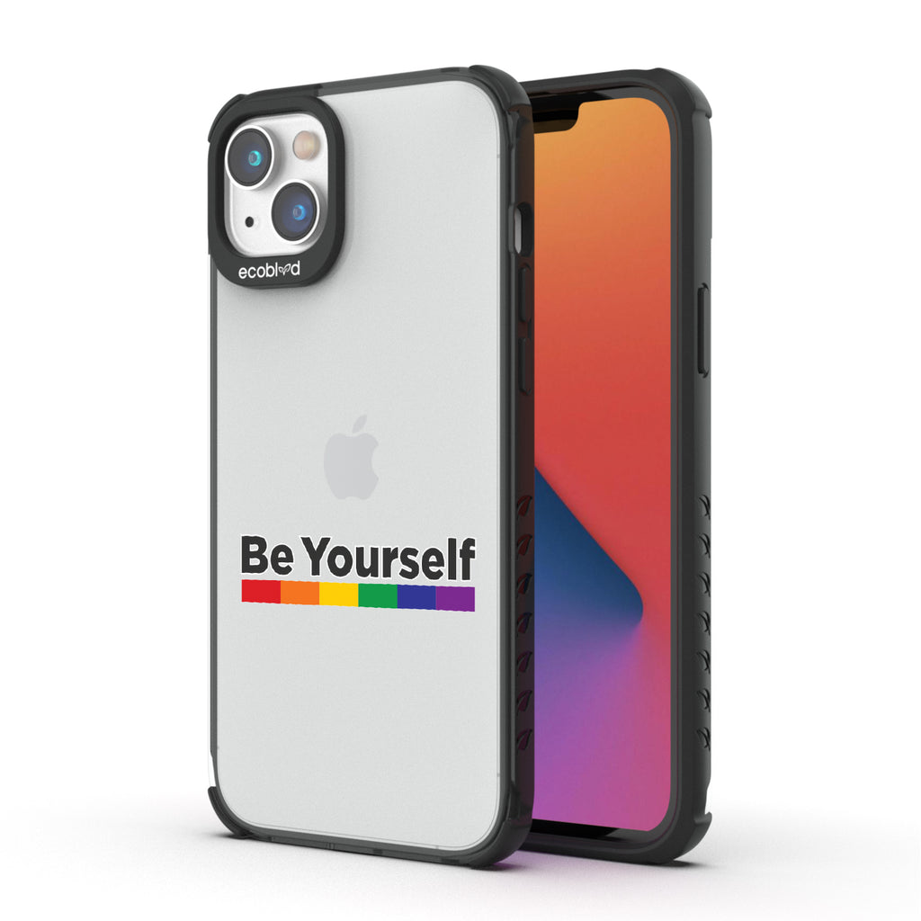 Be Yourself - Back View Of Black & Clear Eco-Friendly iPhone 14 Case & A Front View Of The Screen