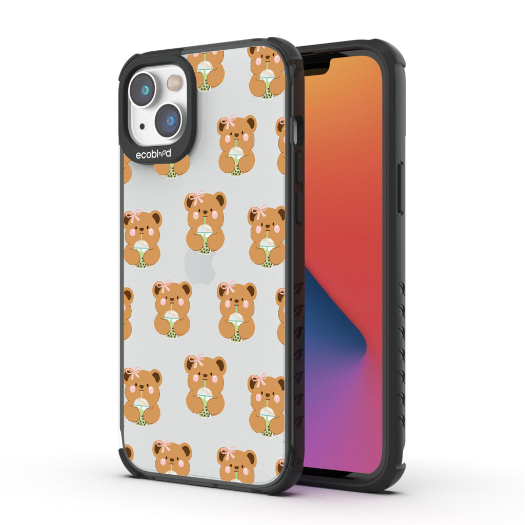 Front and back view of iPhone 14 Plus case, clear compostable phone case with black ridges, Bear-ista Approved design
