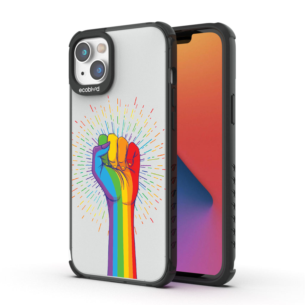 Rise With Pride - Back View Of Black & Clear Eco-Friendly iPhone 14 Case & A Front View Of The Screen