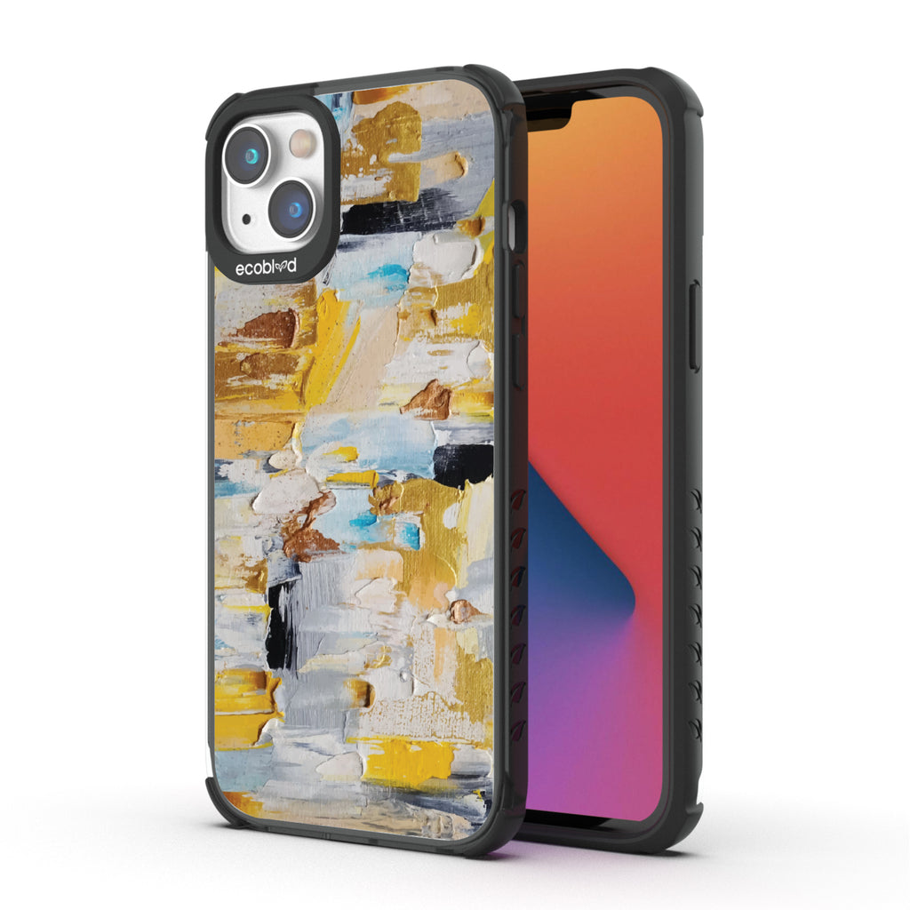 Front and back view of iPhone 14 Plus case, clear compostable phone case with black ridges, Lighten Up design