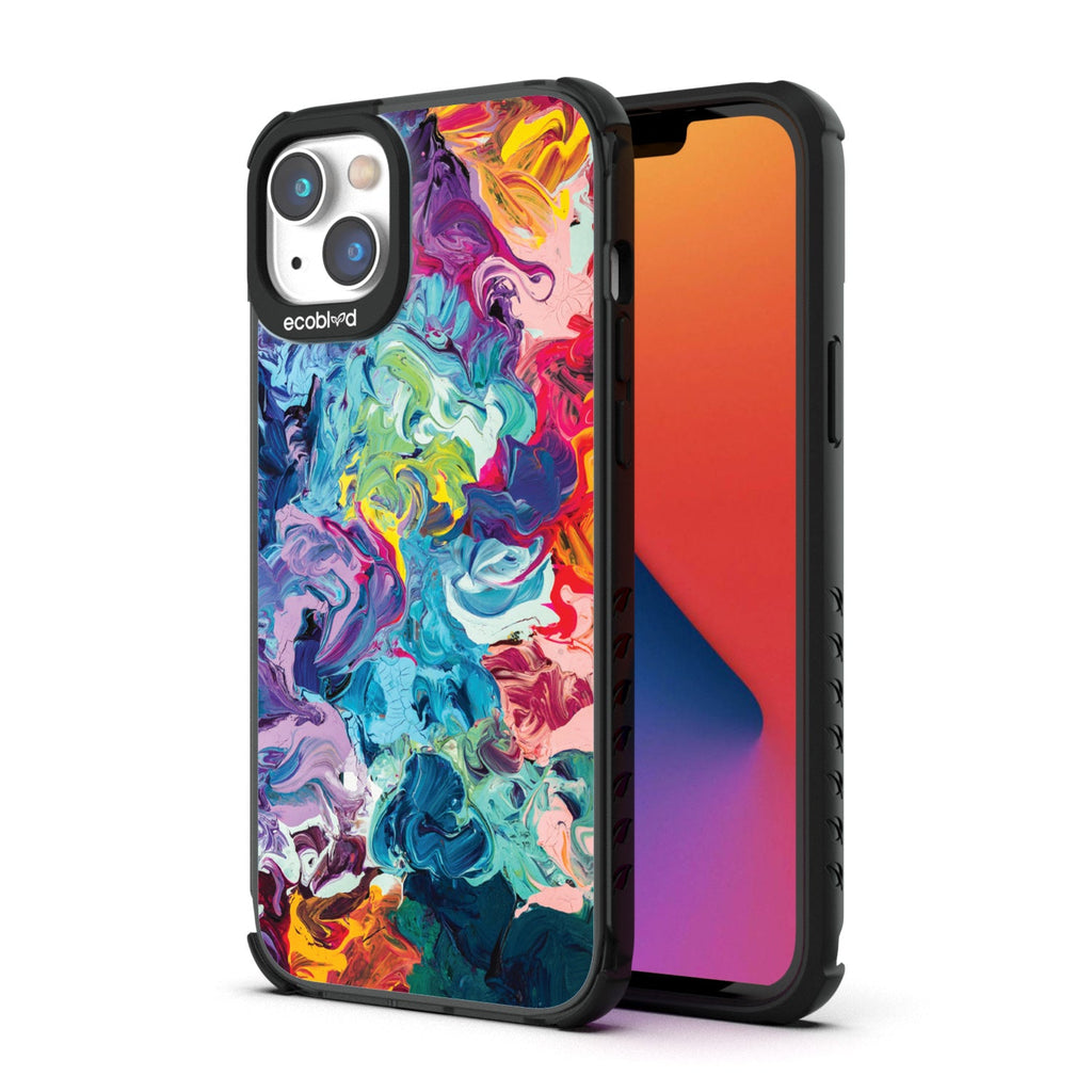 Back View Of Black Eco-Friendly iPhone 14 Clear Case With Give It A Swirl Design & Front View Of Screen