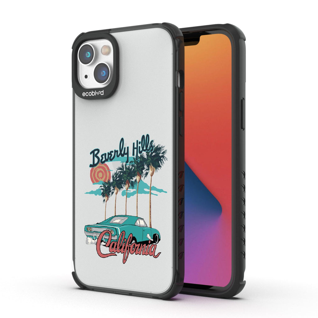 Front and back view of iPhone 16e, 14, 13 case, clear compostable phone case with black ridges, 90210 design