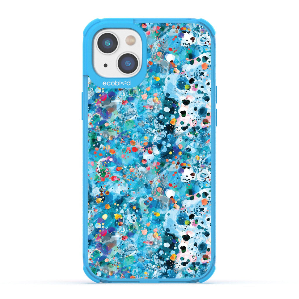 iPhone 16e, 14, 13 case, clear eco-friendly phone case with blue ridges, back view, Brushed By The Tide design