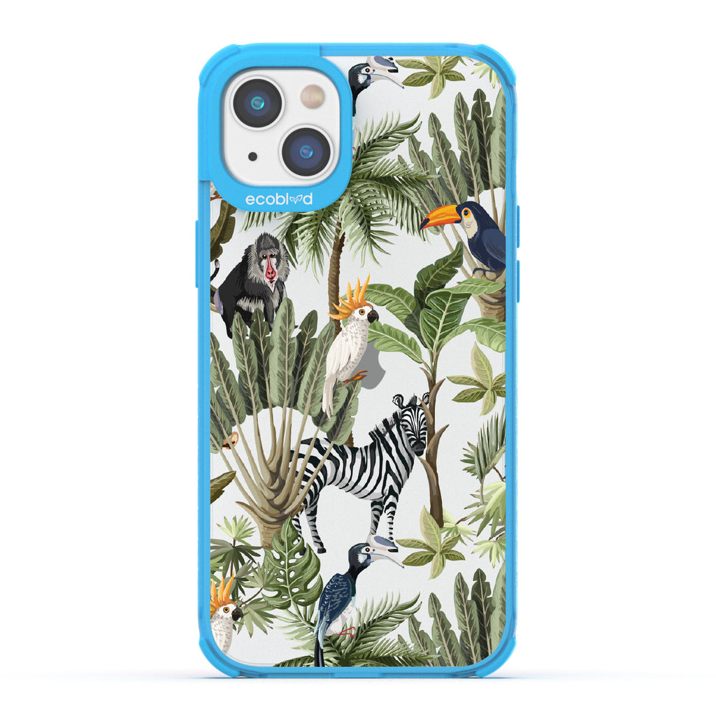 Toucan Play That Game - Blue Eco-Friendly iPhone 14 Case With Jungle Fauna, Toucan, Zebra & More On A Clear Back