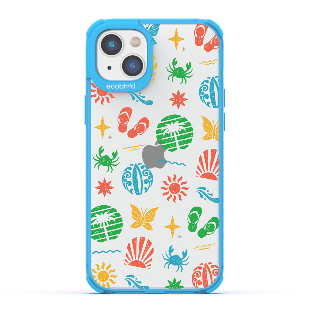Island Time - Blue Eco-Friendly iPhone 14 Plus Case With Surfboard Art Of Crabs, Sandals, Waves & More On A Clear Back